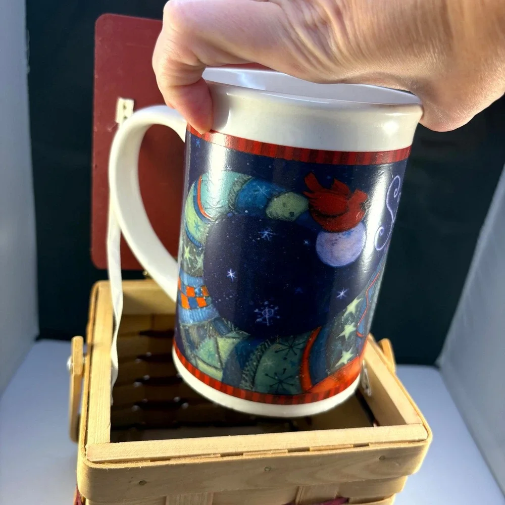 Susan Winget Snow Kisses Holiday‎ Mug Set 22oz with Handled Basket NWT 2007